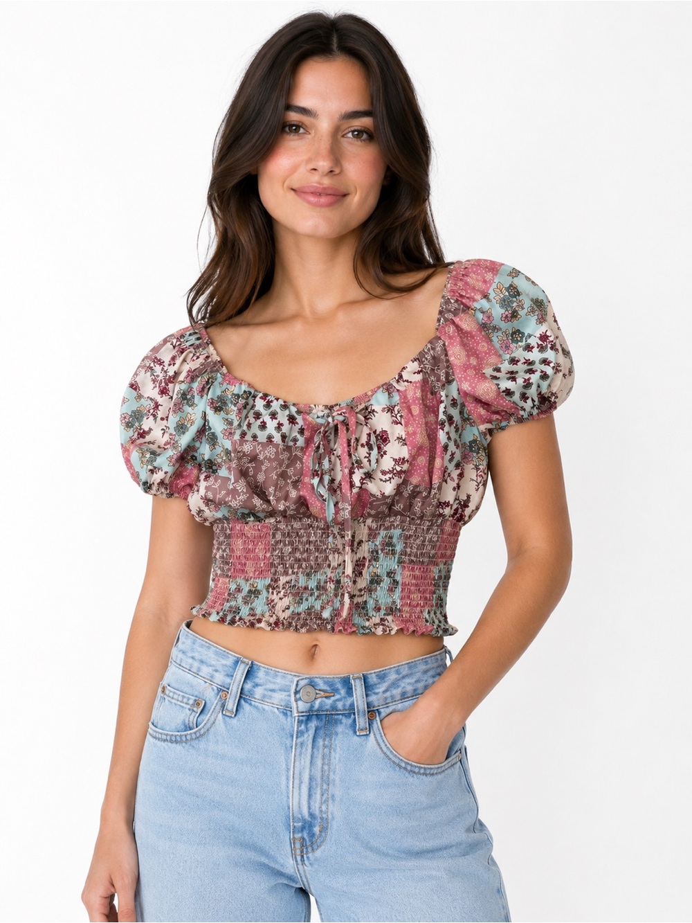 Just Polly Boho Patchwork Print Smocked Crop Top Size Small